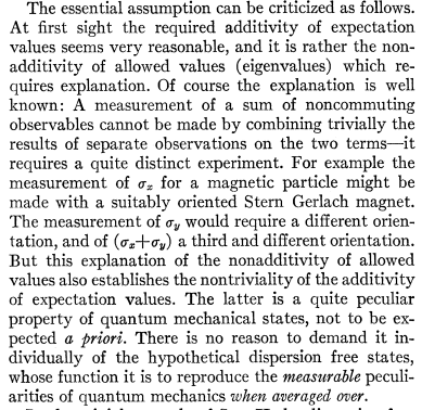 Párrafo del artículo de Bell en su crítica al postulado 4 del teorema de von Neumann.