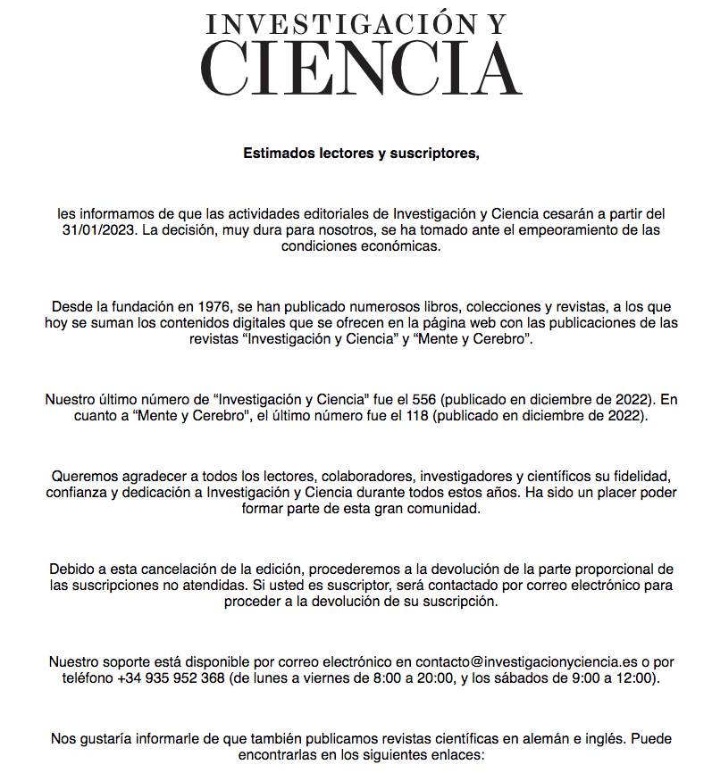 Aviso Investigación y Ciencia cierra