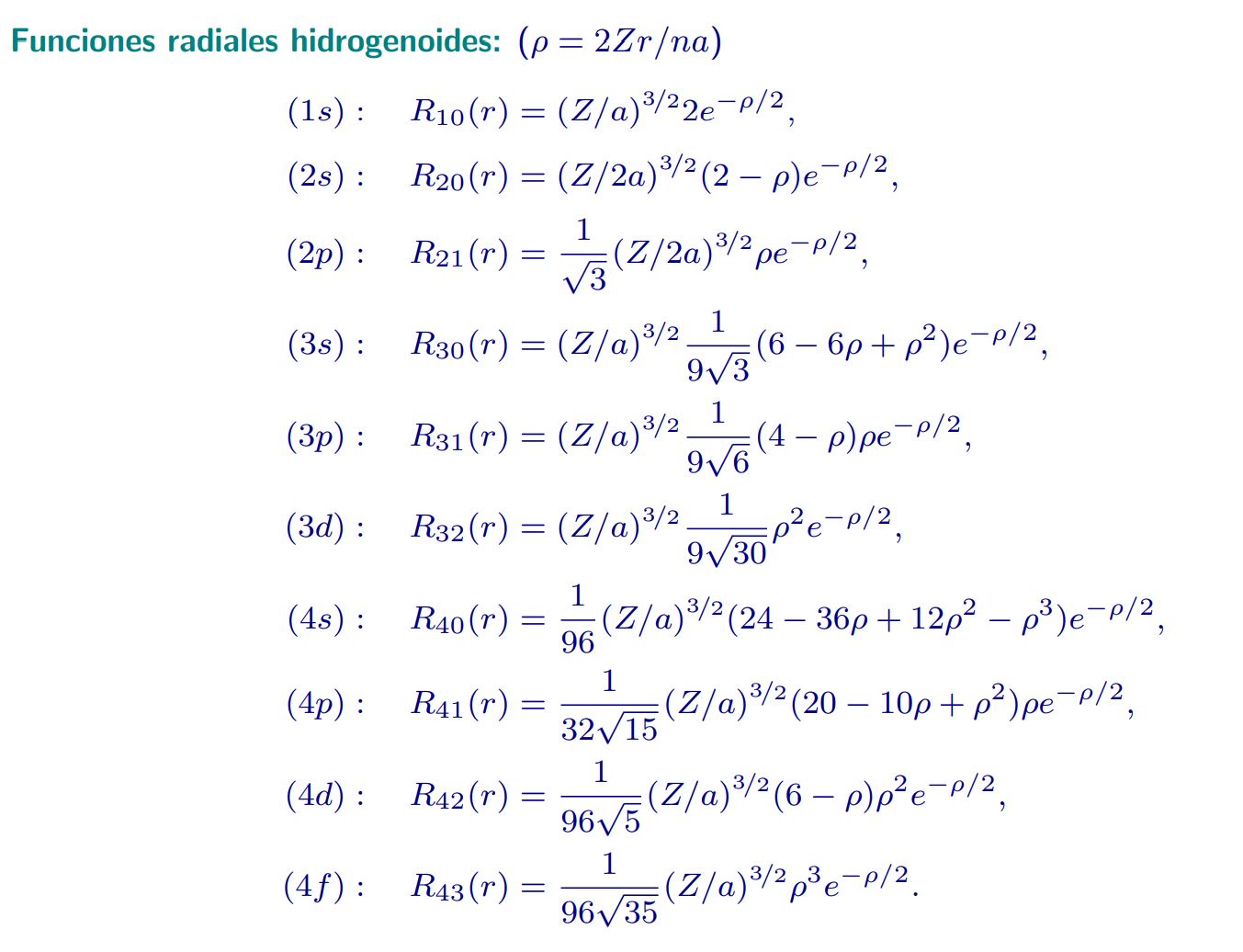 Primeras funciones radiales hidrogenoides 