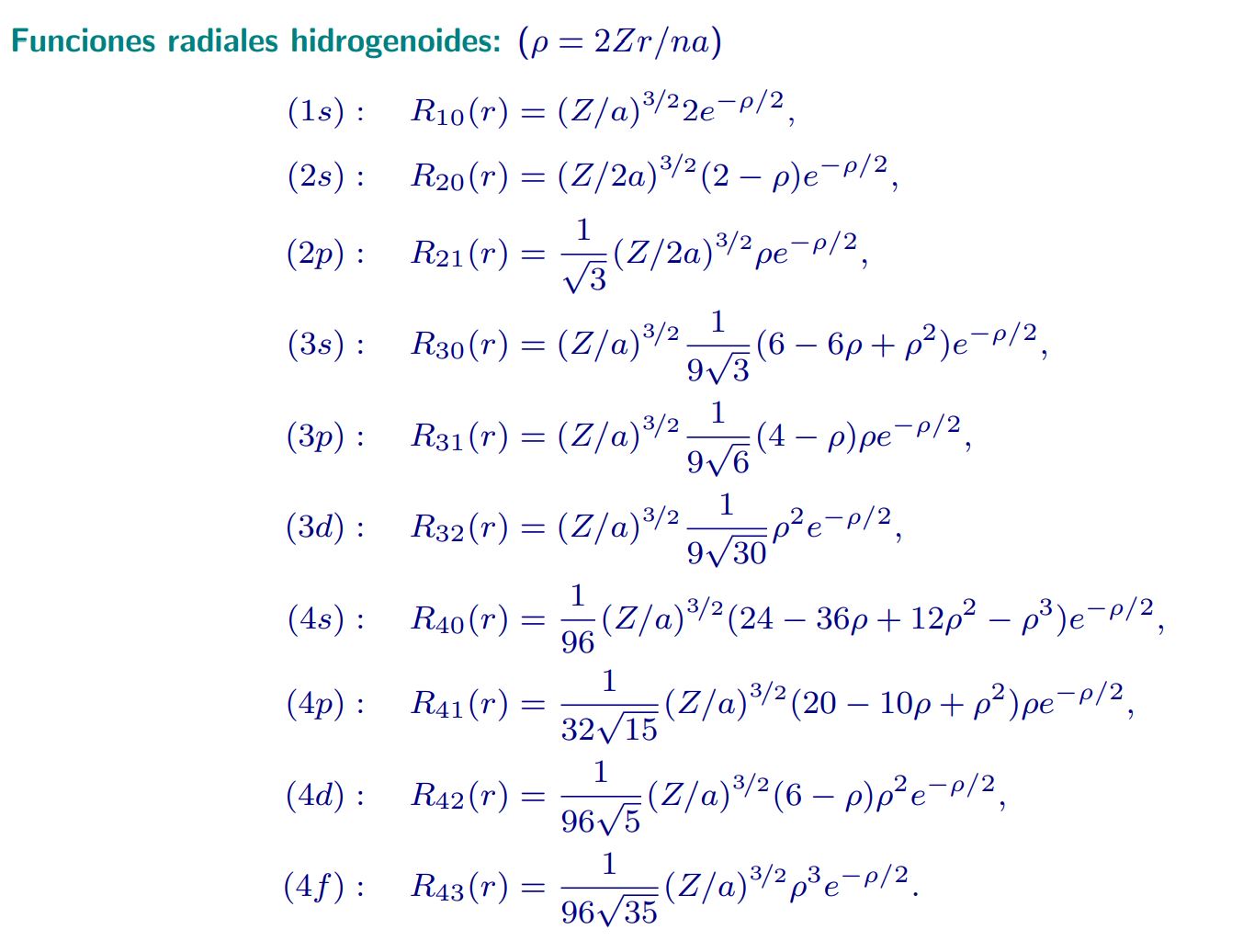 Primeras funciones radiales hidrogenoides 